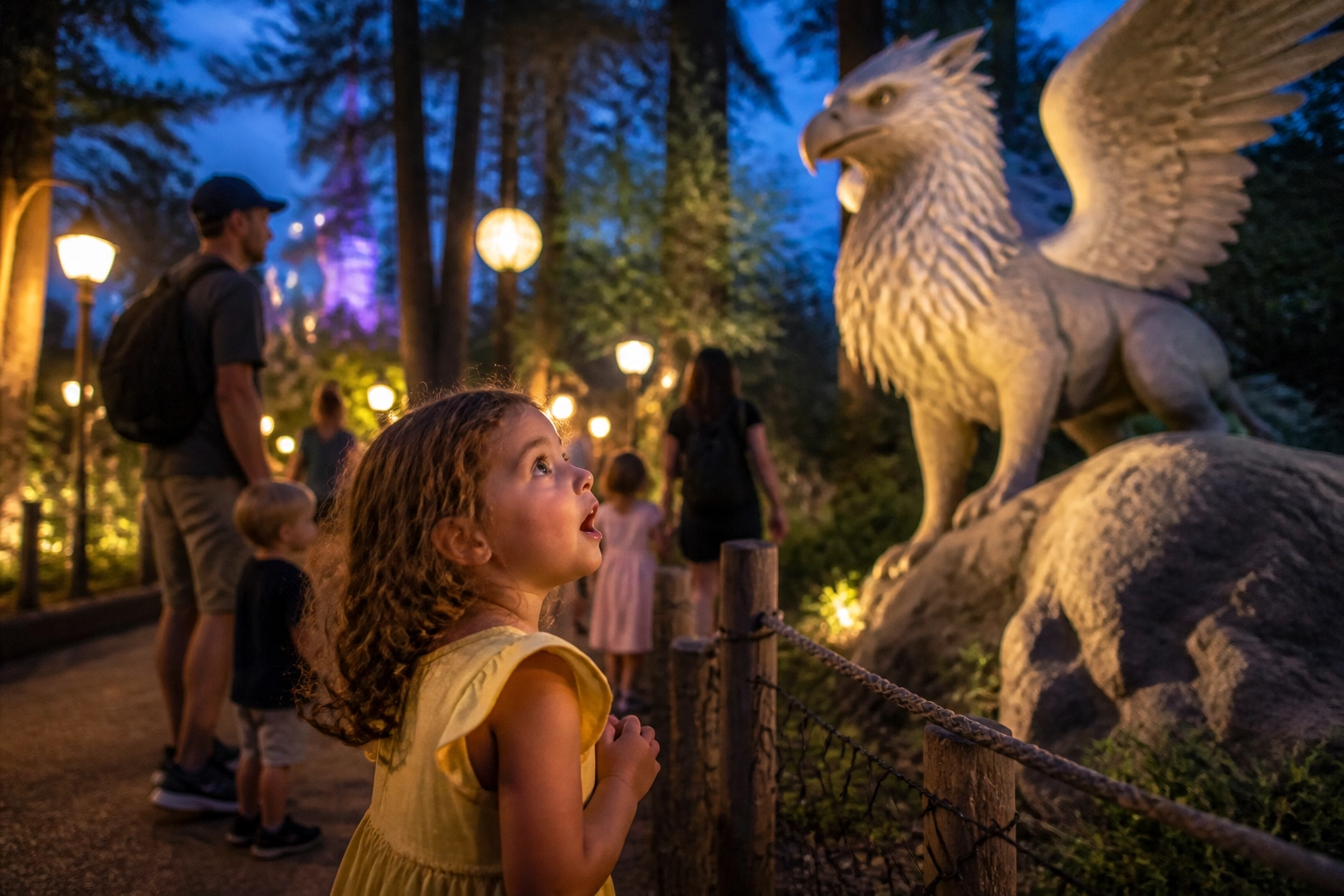 A detailed, atmospheric photograph of a zoo exhibit at twilight with magical lighting.