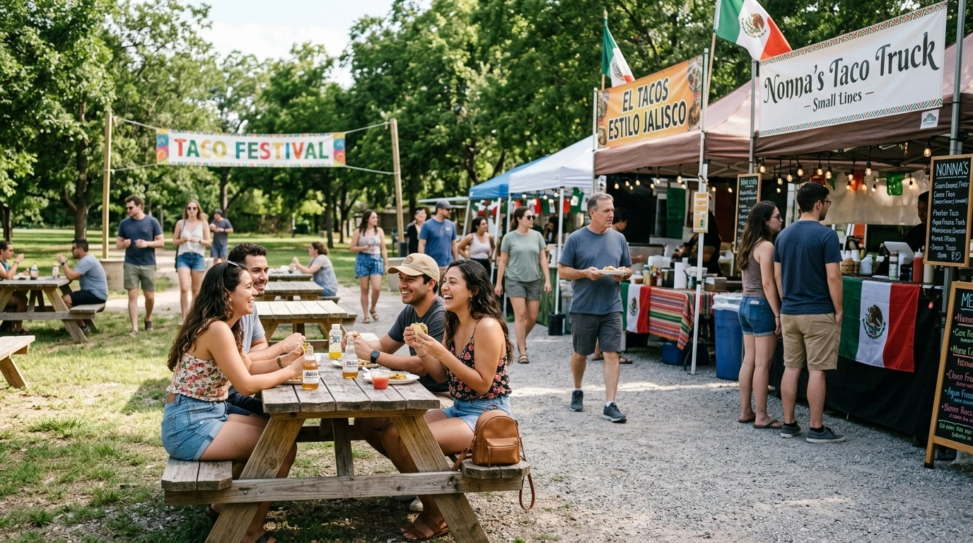 A realistic taco festival photograph in natural daylight with authentic food stalls, wooden picnic tables, and small groups of attendees enjoying a well-spaced community event.