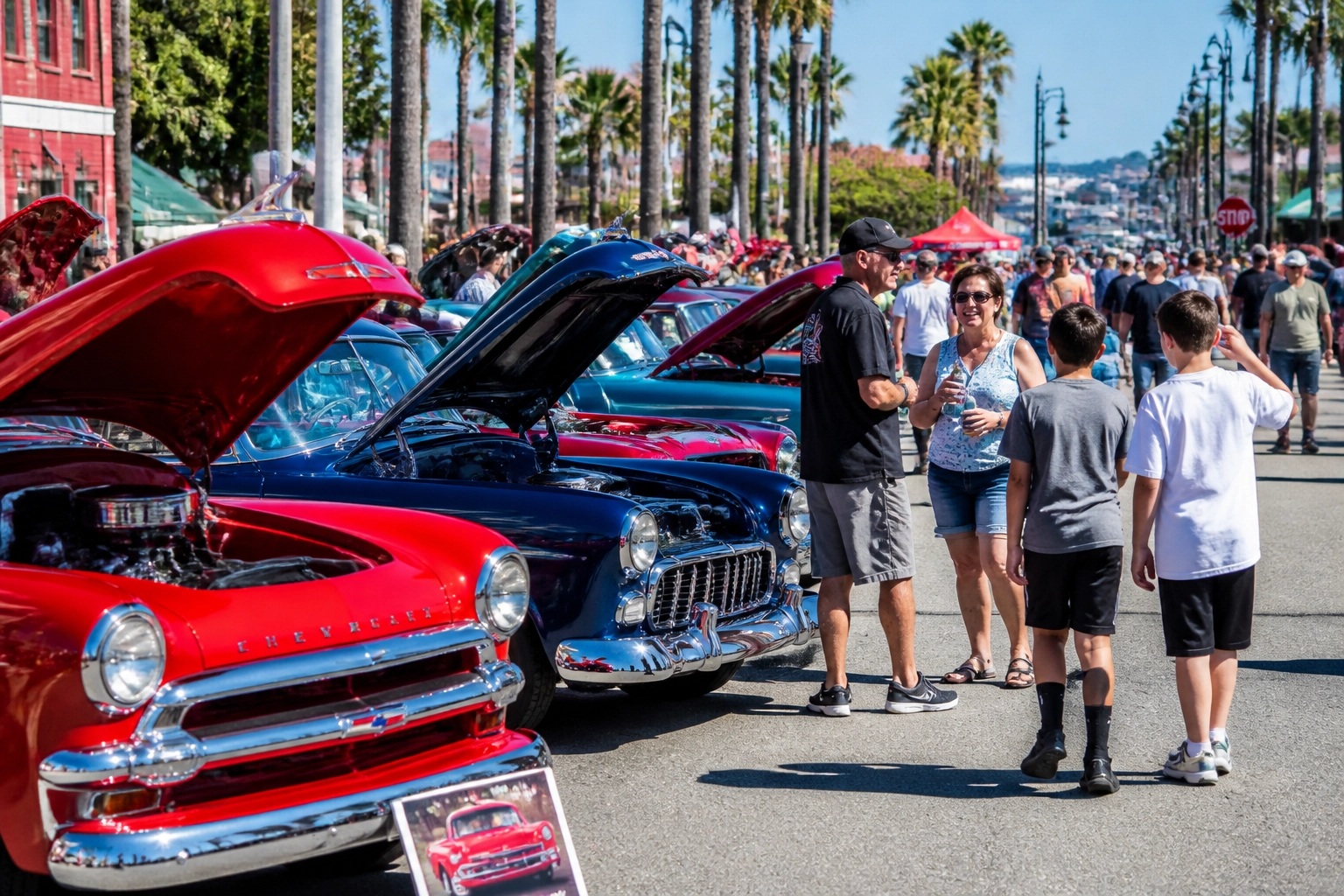 A sunny outdoor car show with rows of vintage cars and people enjoying the event