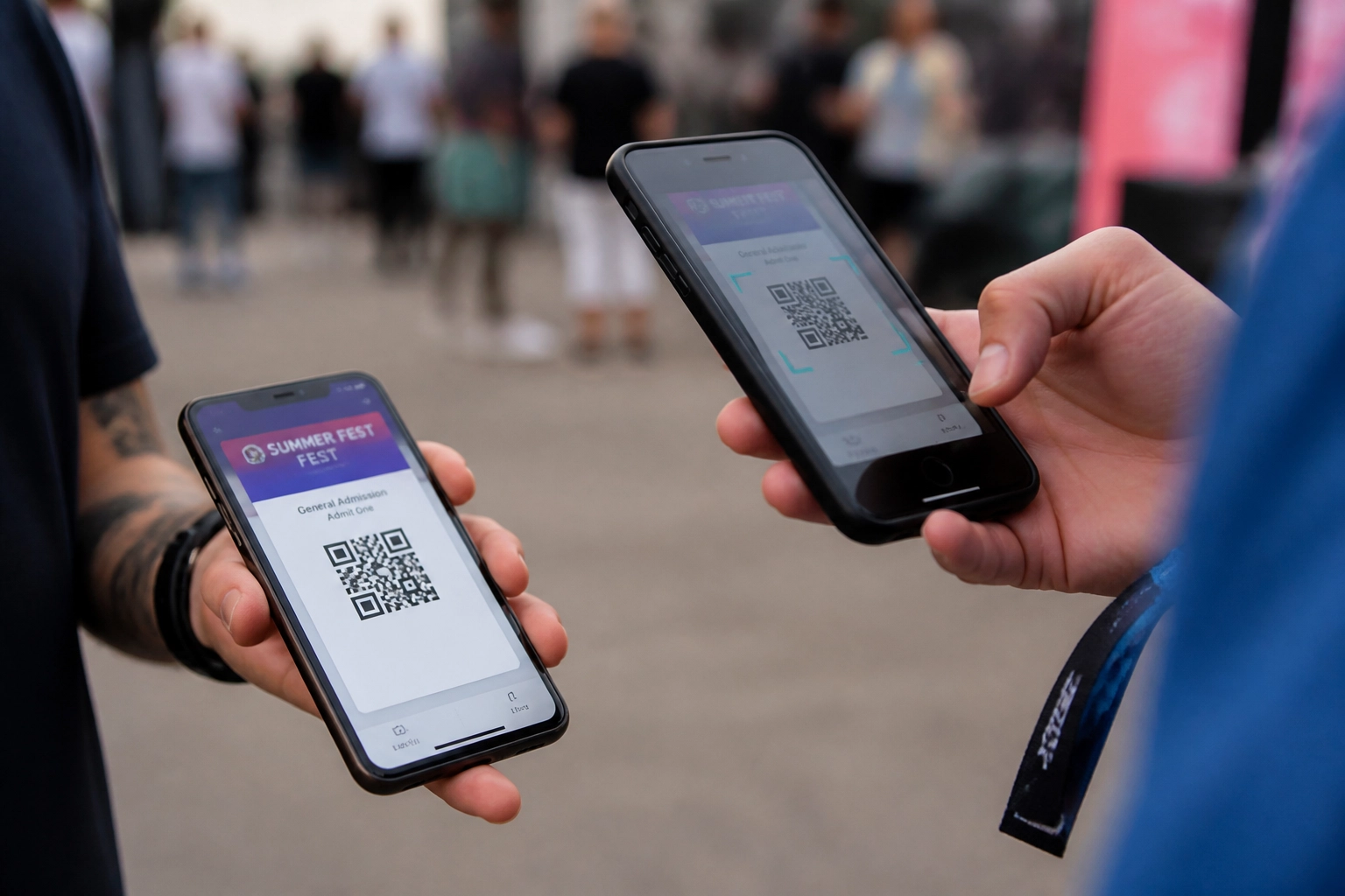 Close-up of a ticket check-in where one person scans a QR code on another's smartphone