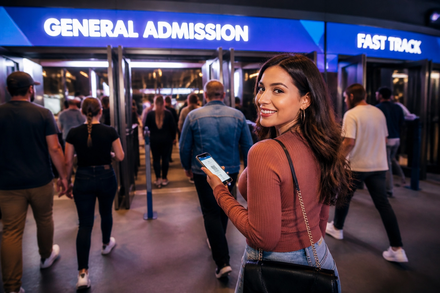 Diverse crowd of people entering an event venue quickly and smiling