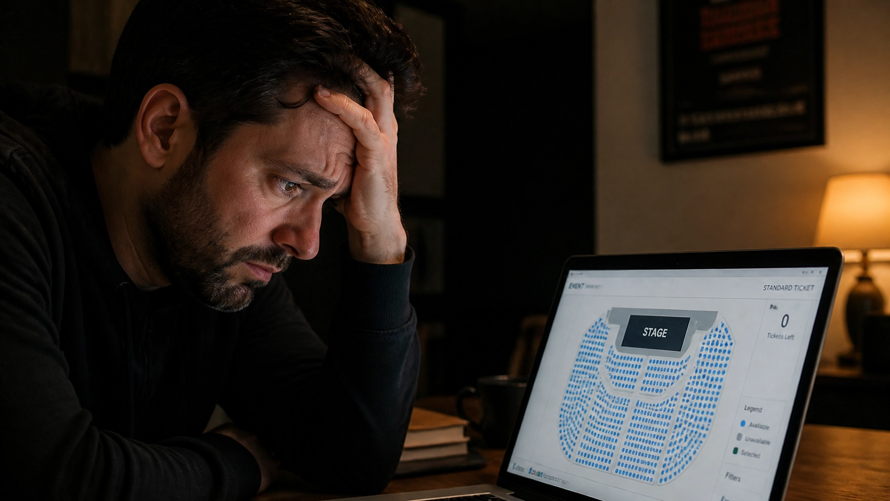 Frustrated man looking at unsold seats on a laptop