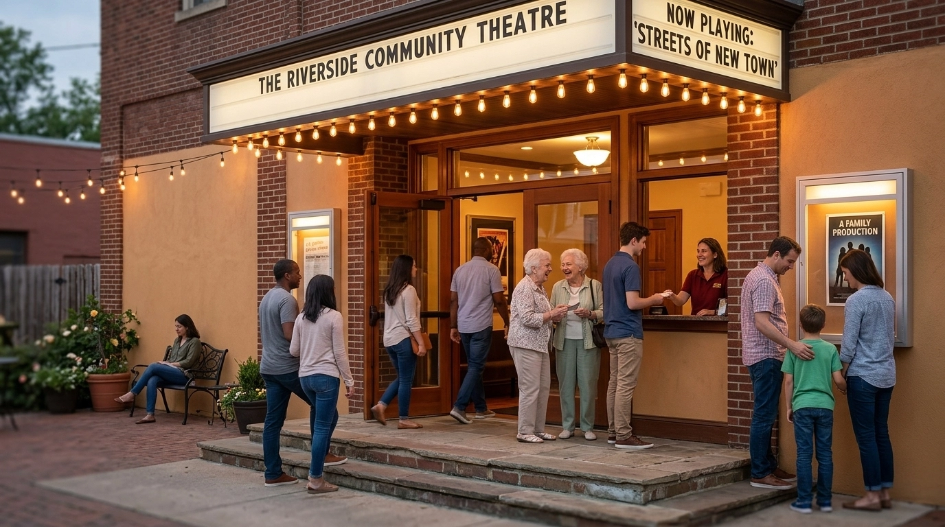 People entering a local community event or small performing arts theater