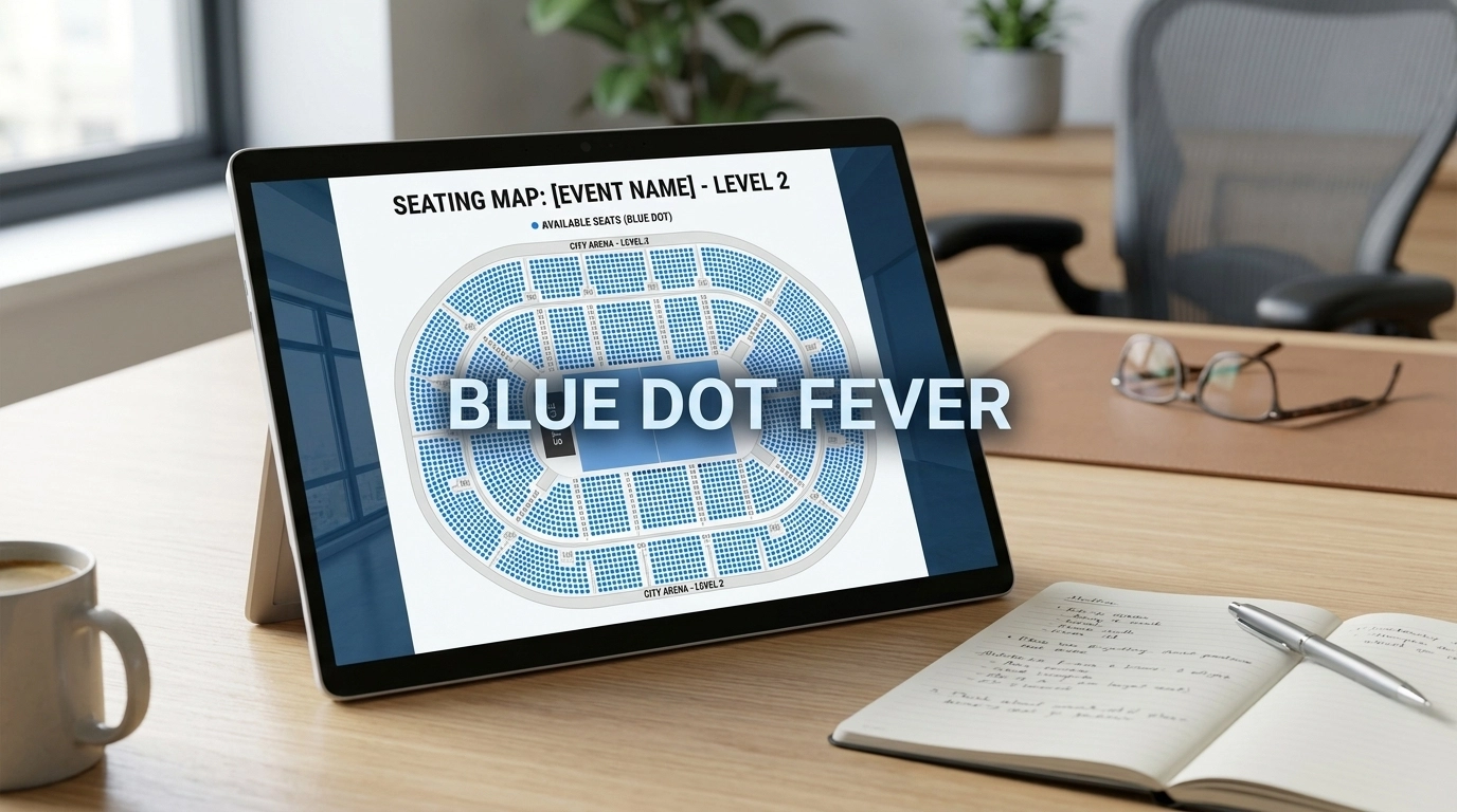 Computer screen showing a venue seating map with mostly blue dots