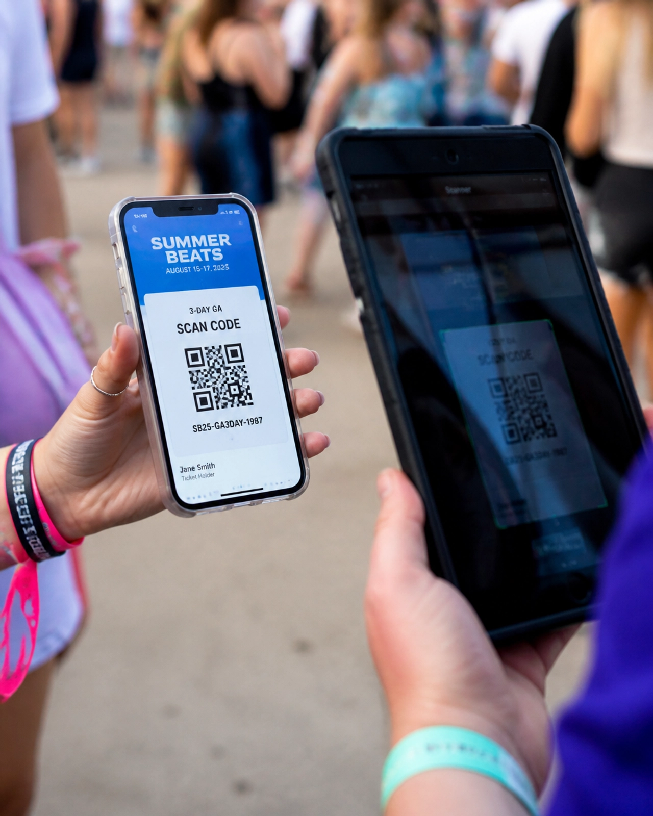 A close-up of a smartphone being scanned by a tablet at an event entrance, showing the speed and simplicity of the MainGate system.