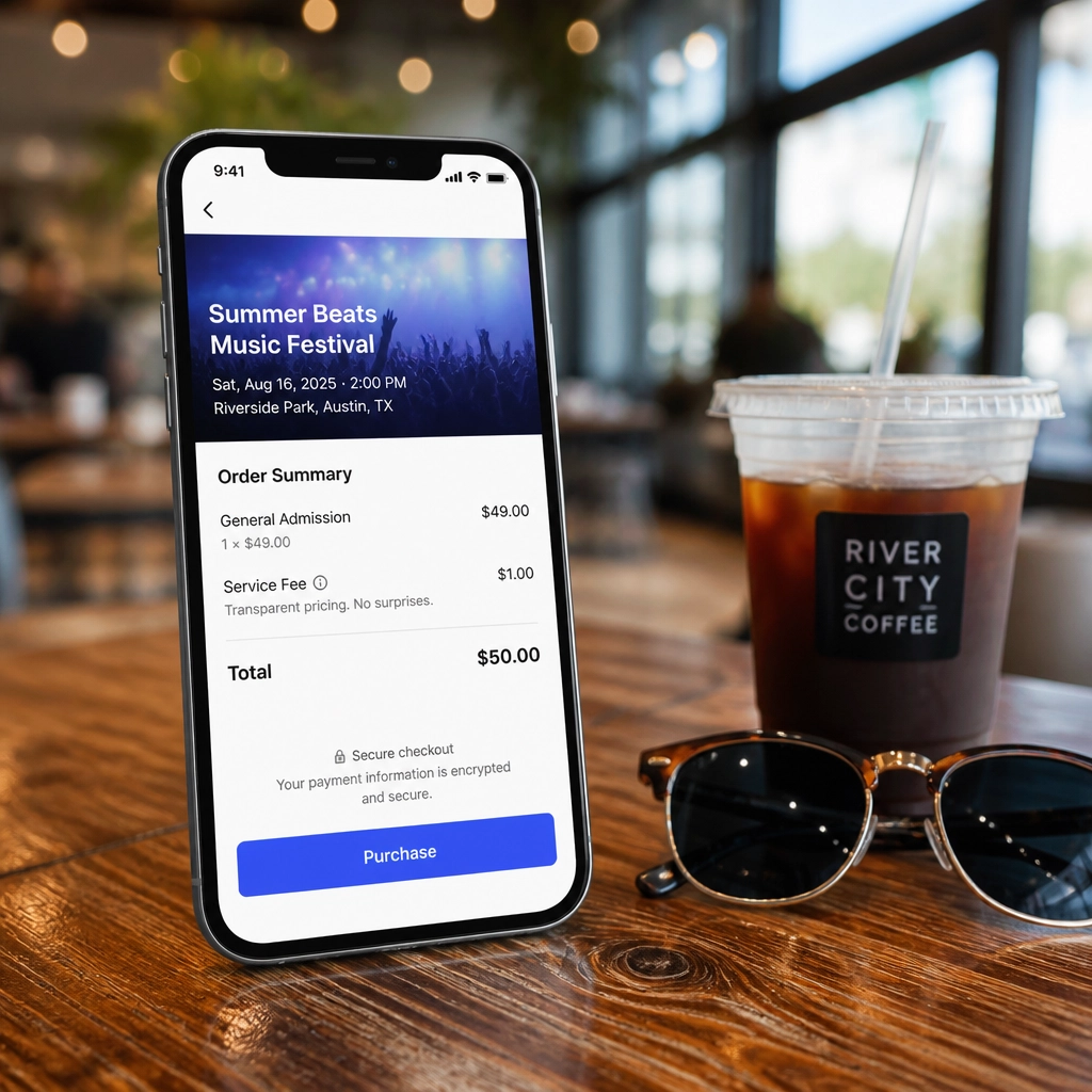 A sleek checkout page on a smartphone showing a transparent $1 fee, emphasizing a relaxed and easy transaction.