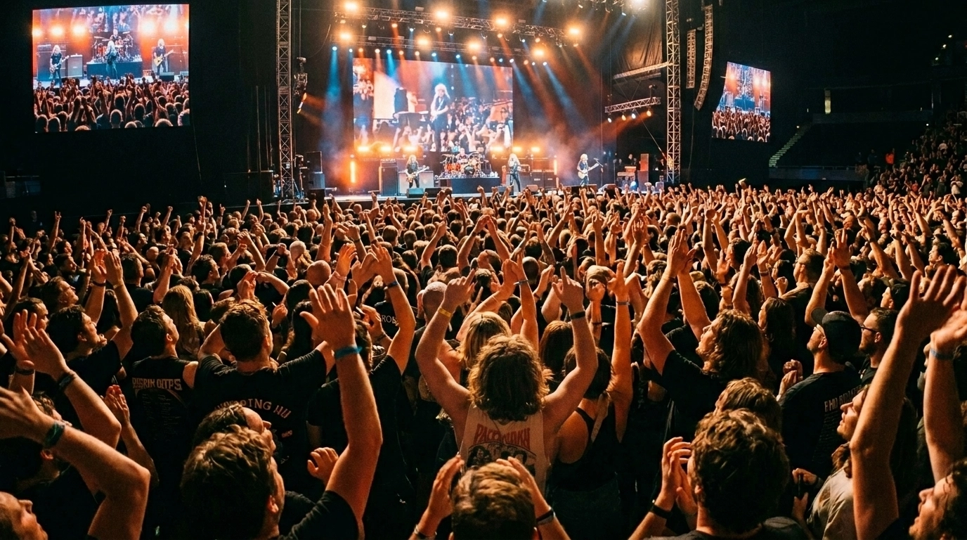 A high-energy crowd-perspective concert scene with fans cheering toward the stage, capturing a true fan-first live event atmosphere.
