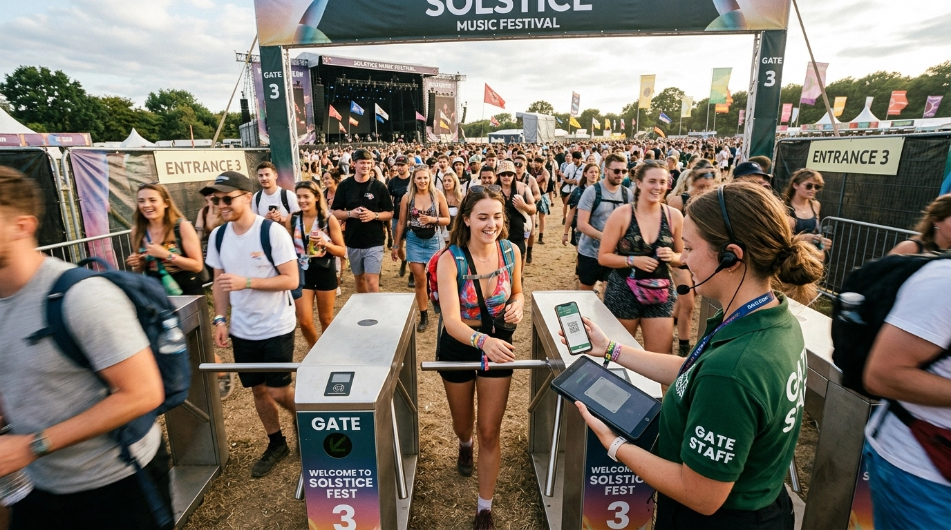 A dynamic festival entrance scene where a staff member quickly scans a phone with a tablet as guests walk through the gate with no lines.
