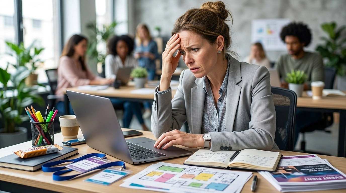 Frustrated organizer dealing with complex ticketing software