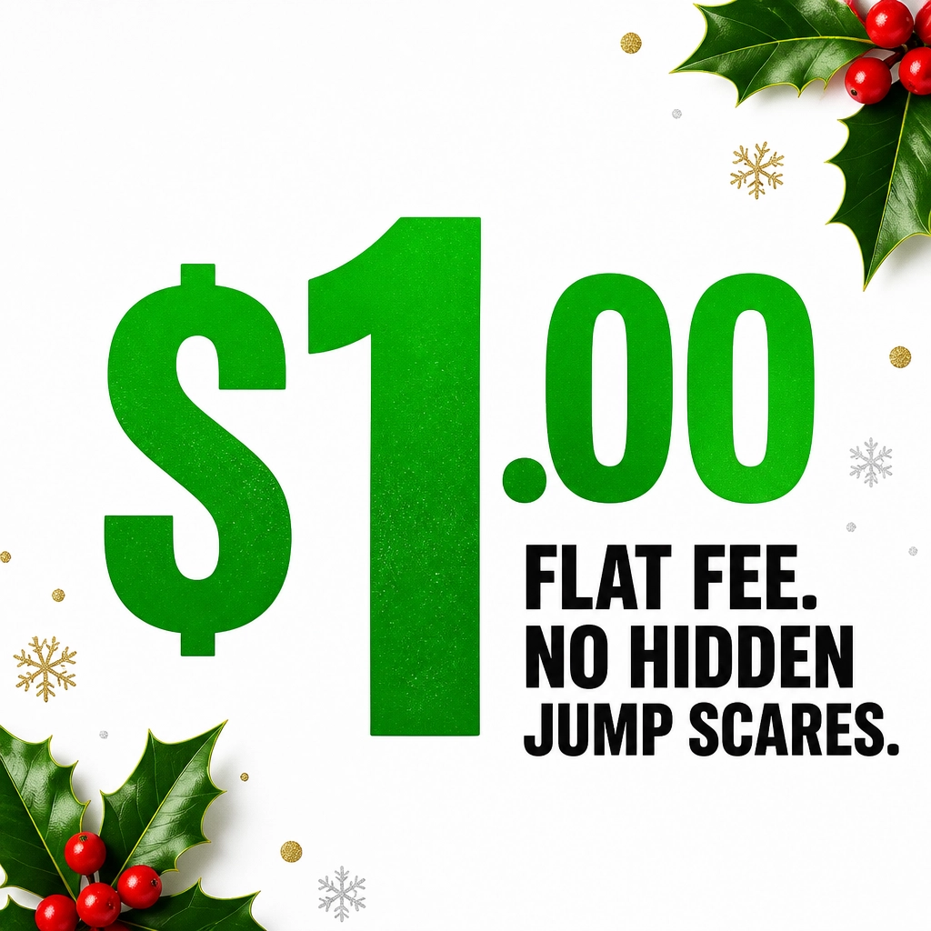 A bold graphic showing a $1.00 flat fee with the text 