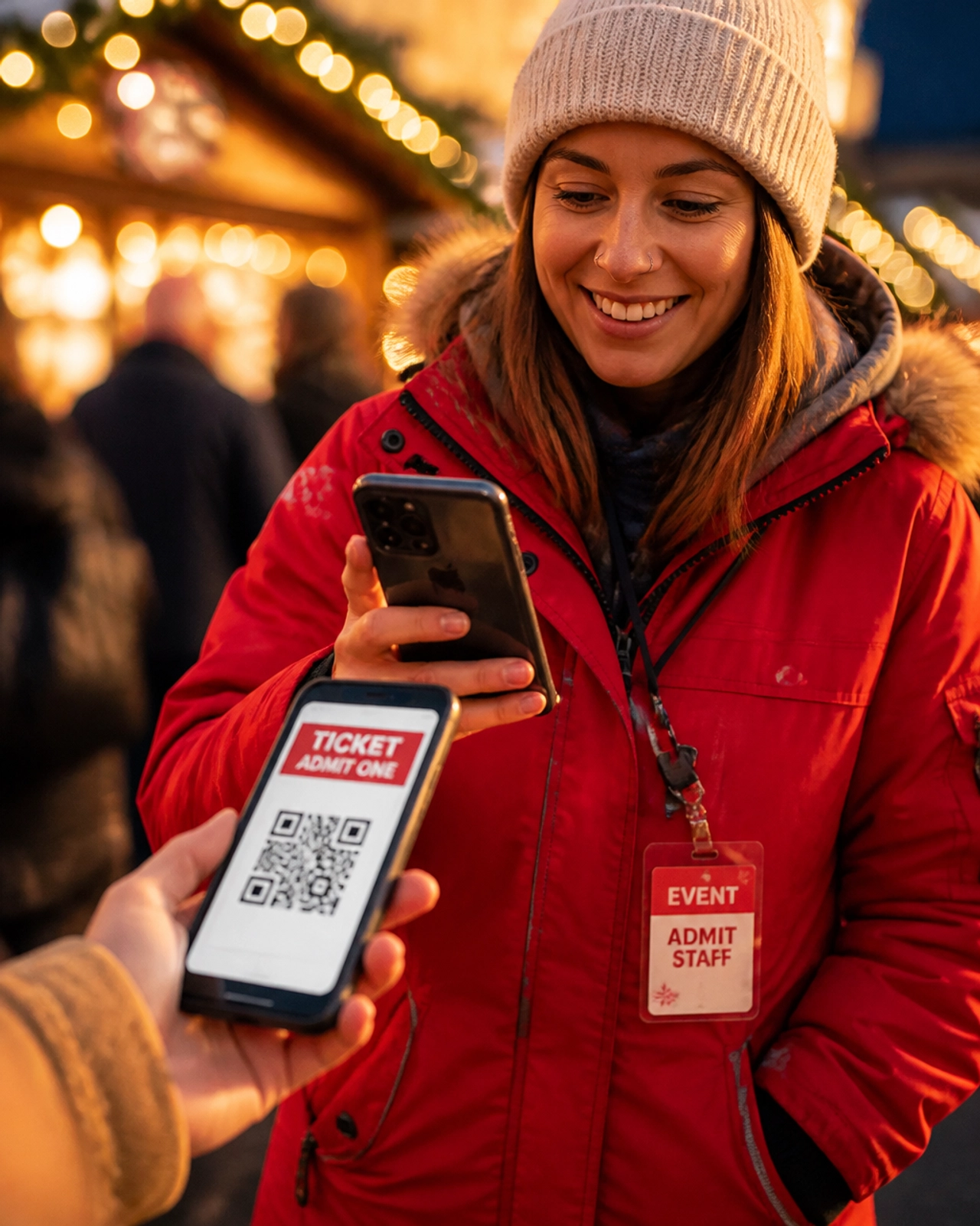 A close-up of a ticket check-in where one smartphone scans a QR code on another smartphone at a holiday event.
