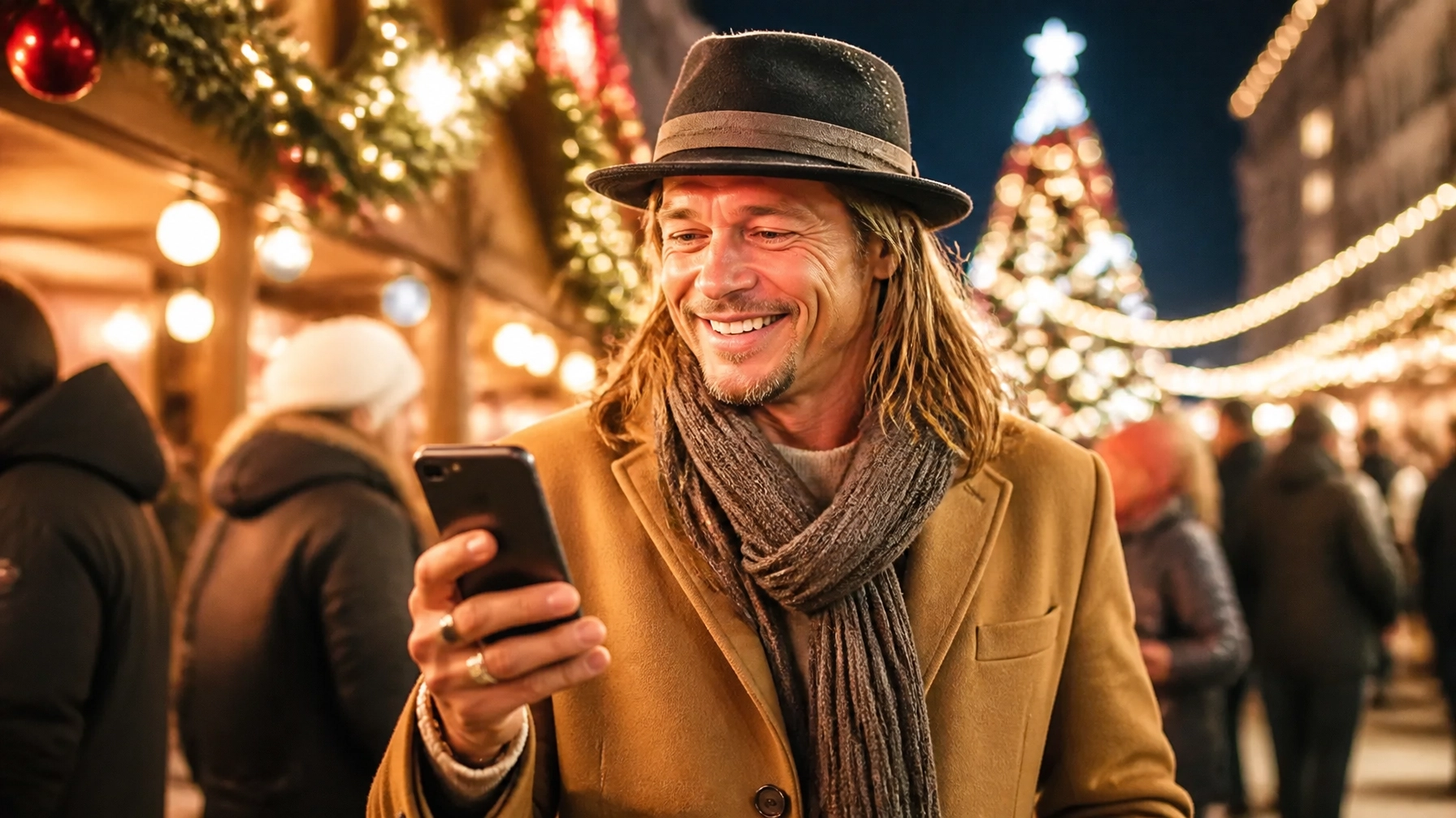 An event organizer smiling at their phone, looking relieved and successful amidst the glow of a holiday festival.