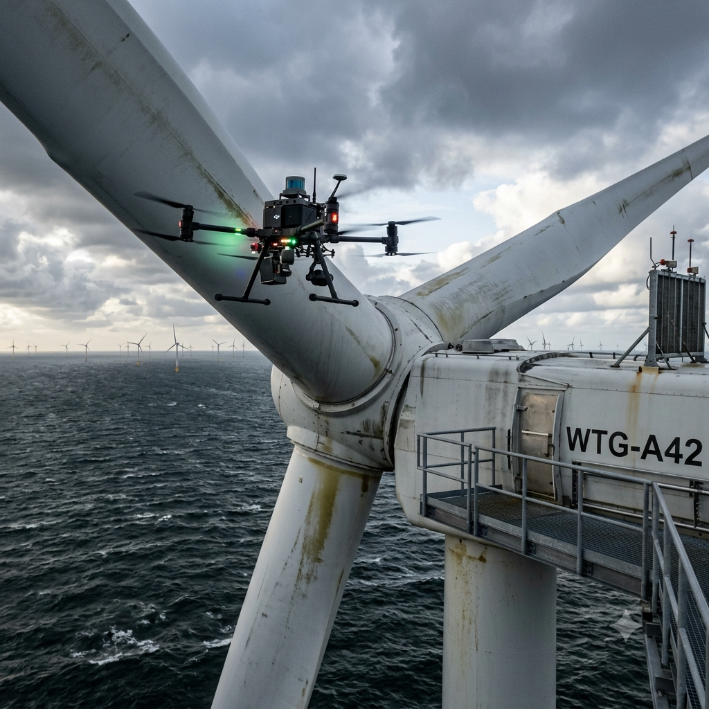 Aufnahme einer fortschrittlichen industriellen Multi-Rotor-Drohne, die eine Offshore-Windkraftanlage auf hoher See unter einem dramatisch bewölkten Himmel inspiziert. Die Drohne schwebt in unmittelbarer Nähe der Rotornabe und der massiven Blätter, ihre Lichter blinken. Die detaillierte Gondel der Windkraftanlage mit der Kennung 'WTG-A42' und einer Zugangsplattform ist im Vordergrund zu sehen. Im Hintergrund erstreckt sich ein weitläufiger Windpark über das dunkle Meer bis zum Horizont.