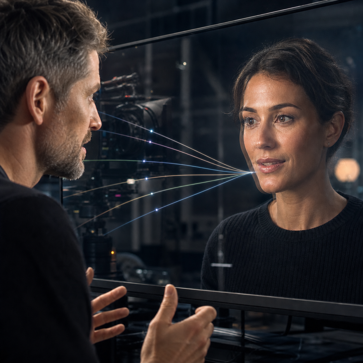 Super-fotorealistische Illustration eines Gesprächs zwischen einem Menschen und einem digitalen Avatar. Sechs zusammenlaufende Lichtlinien symbolisieren die KI-Modelle, die hinter einem gesprochenen Satz parallel arbeiten. Das Motiv steht für die Forschung der VidLab7 GmbH zur verzögerungsfreien Synchronisation interaktiver Avatare.