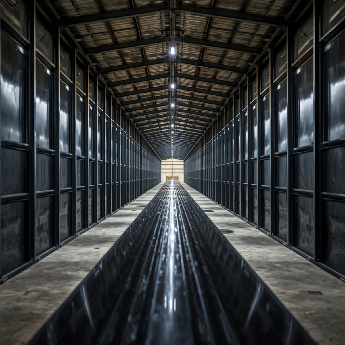 Blick in eine industrielle Beschichtungslinie mit schwarz lackierten Bauteilen