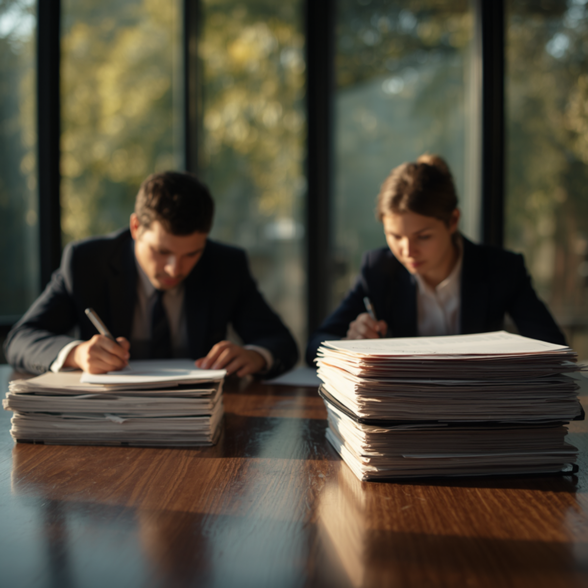 Zwei Personen arbeiten konzentriert an umfangreichen Unterlagen