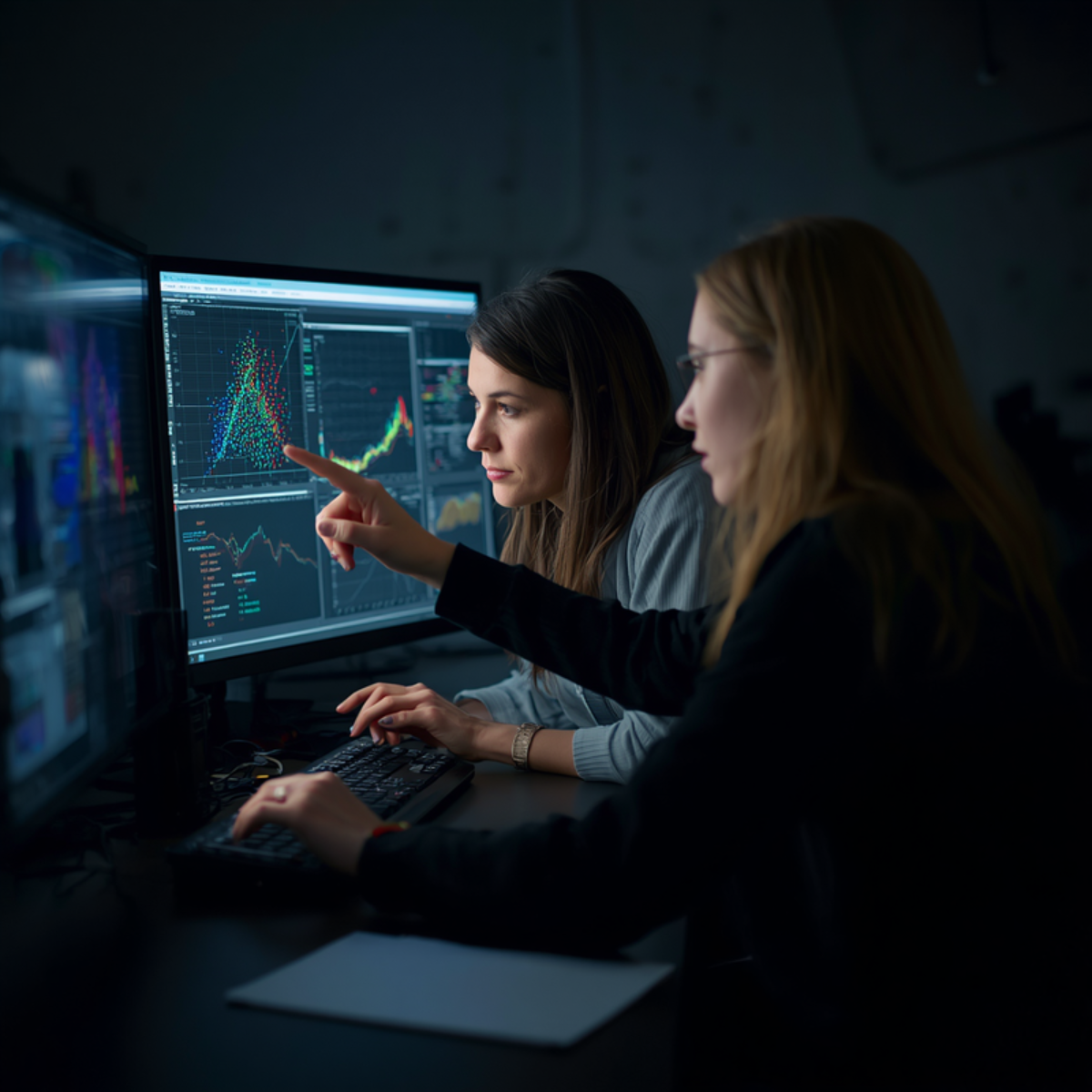 Zwei Data Scientists analysieren Modellverlaeufe an mehreren Monitoren