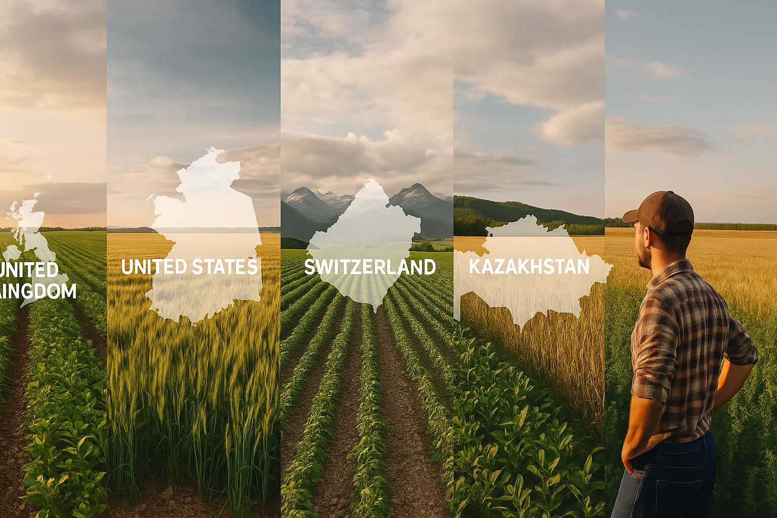 Dieses Bild symbolisiert die internationale Dimension moderner Landwirtschaft. Es zeigt Felder aus UK, USA, Schweiz, Kasachstan und Brasilien – vereint durch einen Blick des Landwirts auf das große Ganze. Die visuelle Verbindung macht deutlich: Nur wer regionale Unterschiede versteht, kann global erfolgreich düngen. Genau hier setzt die Innovationskraft von stenon an.