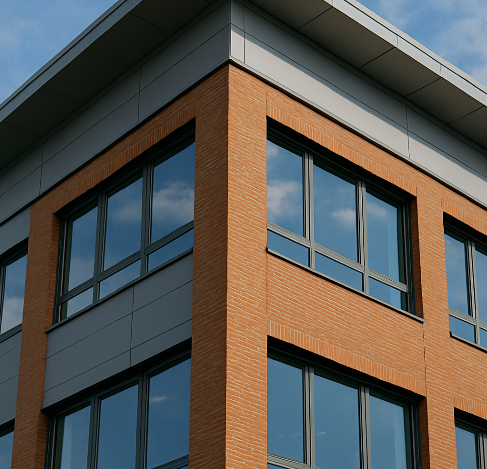 Modernes Bürogebäude mit klarer Architektur, großen Fenstern und innovativem Flair – ideal für Tech-Startups oder Unternehmen im Bereich Agrartechnologie, Digitalisierung oder KI.