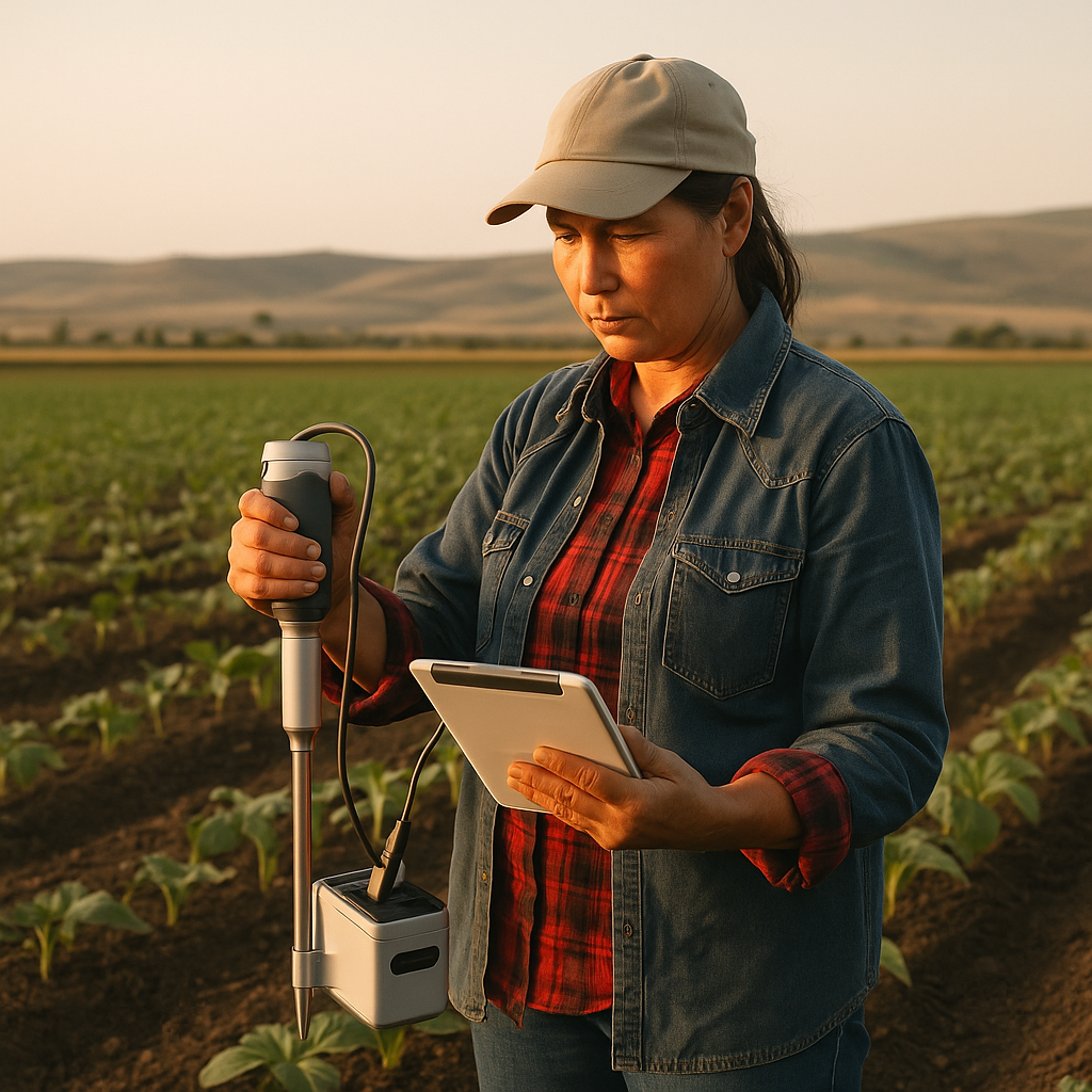Eine kasachische Landwirtin prüft mithilfe moderner Messtechnik und Tablet die Bodenqualität auf ihrem Feld. Das Bild zeigt, wie High-Tech-Lösungen auch in entlegenen Regionen Anwendung finden.