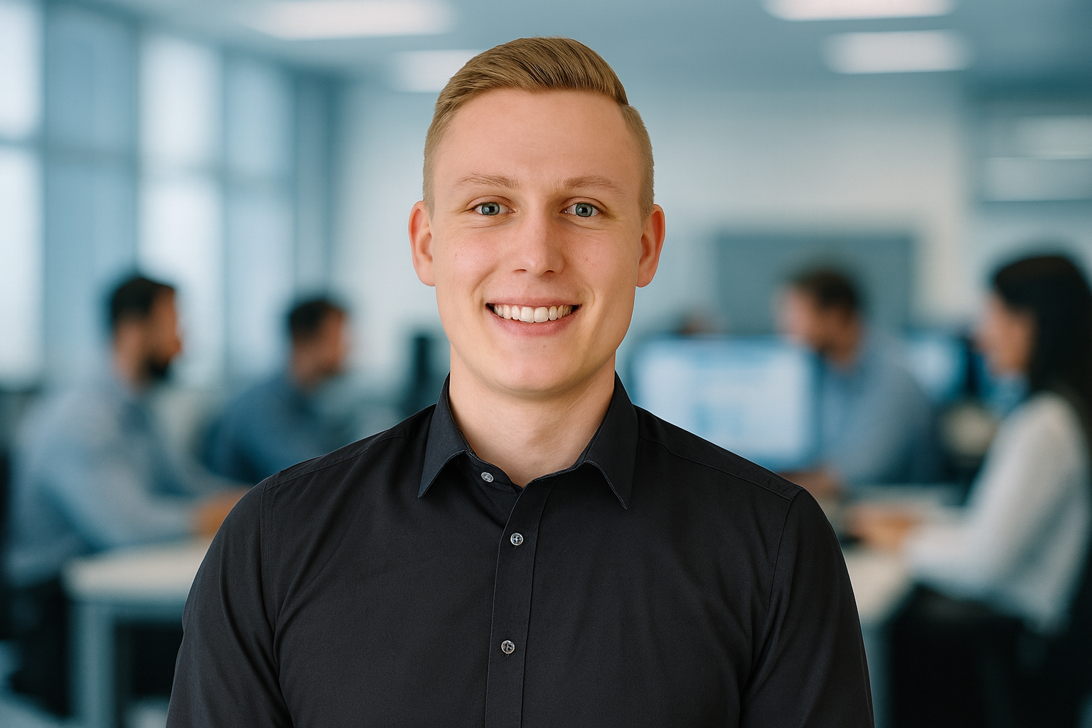 Das Bild zeigt einen jungen Mann mit kurz geschnittenem, blondem Haar und freundlichem Lächeln. Er trägt ein schwarzes Hemd und blickt direkt in die Kamera. Der Hintergrund ist weich unscharf gehalten, in hellen Blau- und Weißtönen, was dem Foto eine helle, positive Grundstimmung verleiht. Die Beleuchtung ist gleichmäßig und lässt das Gesicht klar und lebendig wirken.
