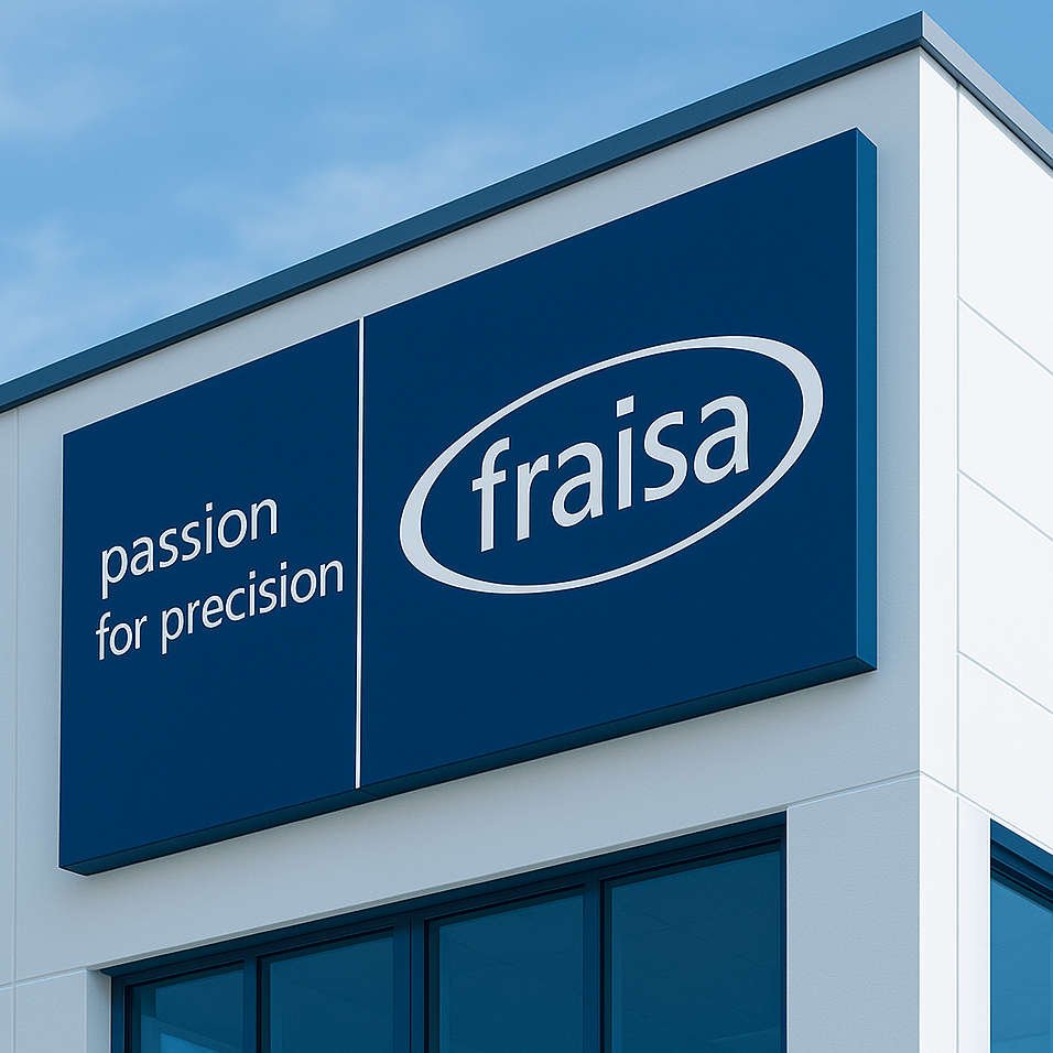 Das Bild zeigt die moderne Fassade eines Firmengebäudes mit großem FRAISA-Logo. Auf einem tiefblauen Hintergrund steht in weißer Schrift links der Slogan „passion for precision“ und rechts der Firmenname „fraisa“ in einer ovalen Umrahmung. Die Architektur ist klar und geradlinig, mit weißen Fassadenelementen und großen Glasfronten, während der helle blaue Himmel eine freundliche, offene Atmosphäre schafft.