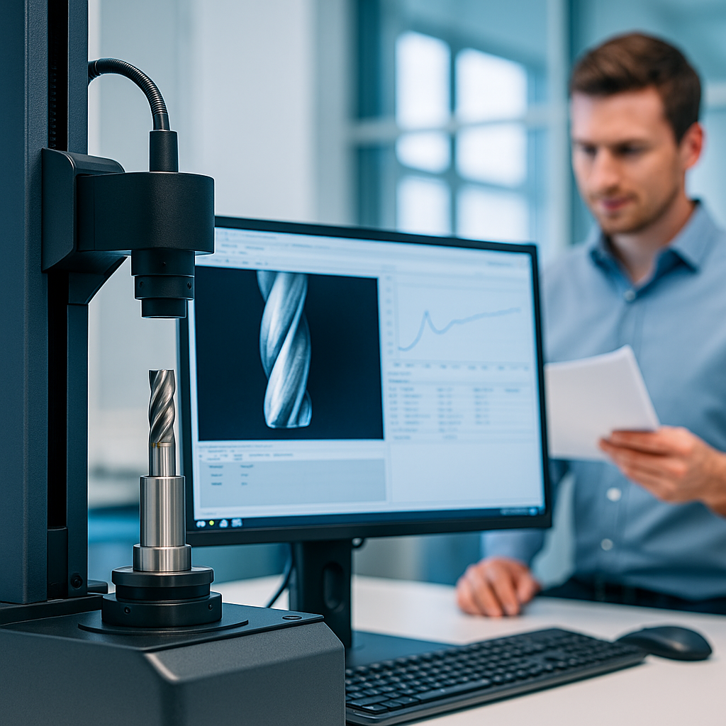 Das Bild zeigt eine hochmoderne Messstation in einer industriellen Laborumgebung. Im Vordergrund ist ein Präzisionswerkzeug in einer Messmaschine eingespannt, während auf dem Computermonitor daneben eine vergrößerte, detailreiche Aufnahme des Werkzeugs sowie analytische Diagramme und Daten angezeigt werden. Im Hintergrund steht ein Ingenieur in blauen Hemd, der ein Dokument prüft. Die Szenerie vermittelt den Eindruck von Präzision, moderner Technologie und datengetriebener Entwicklung.