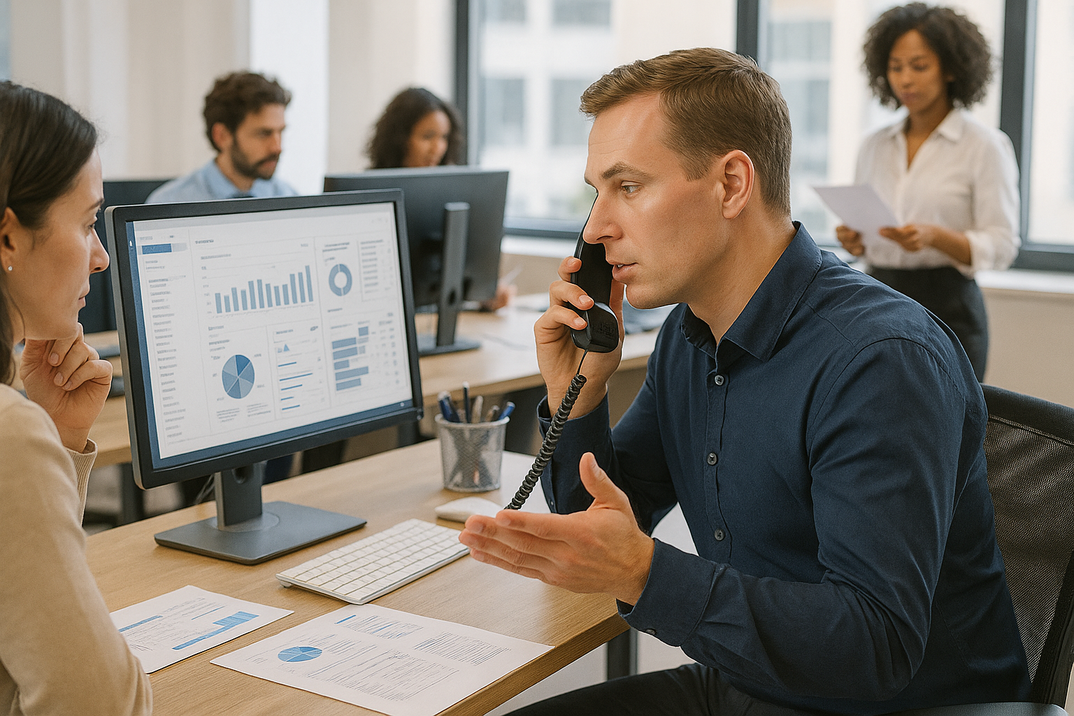 Das Bild zeigt ein modernes, helles Büro mit mehreren Arbeitsplätzen. Im Vordergrund arbeiten zwei Personen an Computern, auf deren Bildschirmen komplexe Diagramme und Datenvisualisierungen zu sehen sind. Im Hintergrund stehen Server-Racks und große Monitore mit unterschiedlichen Benutzeroberflächen, was die Vielfalt an Systemen und Schnittstellen symbolisiert. Die Szene vermittelt einen professionellen, freundlichen und technisch anspruchsvollen Arbeitsalltag in der Energie- und IT-Branche.