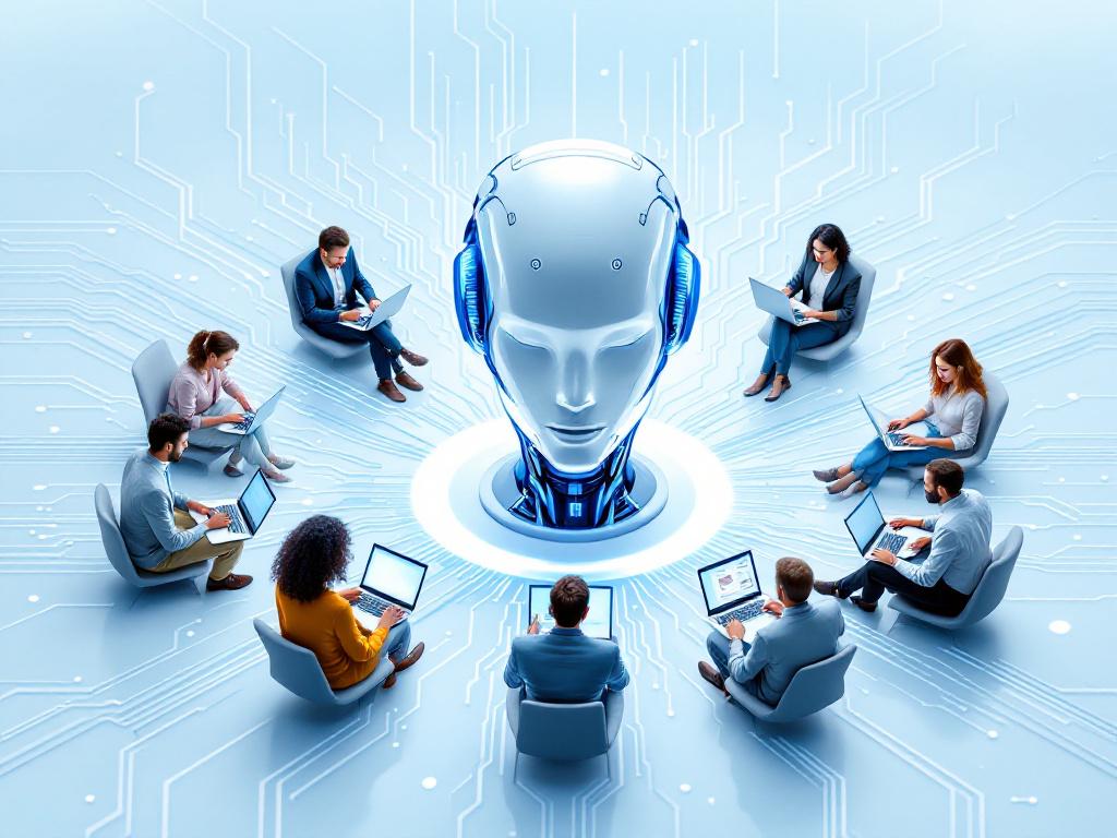Futuristische Illustration eines Multi-Agent-Systems: Ein zentraler, weiß-blauer KI-Roboterkopf ist mit mehreren Menschen verbunden, die kreisförmig an Laptops arbeiten. Der Hintergrund zeigt Schaltkreis-Muster und einen hellblauen Farbverlauf – Symbol für moderne, kollaborative Technologie.