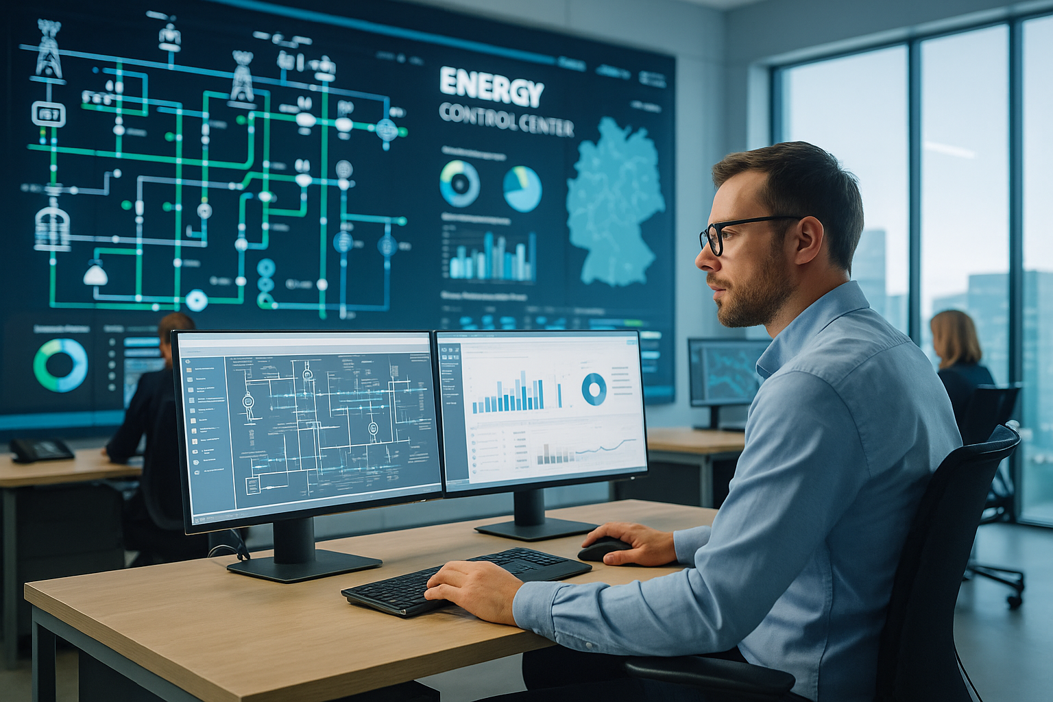 Das Bild zeigt ein modernes Gebäude eines Energieversorgungsunternehmens (EVU) in fotorealistischer Darstellung. Die Architektur wirkt zeitgemäß, mit großen Glasfronten und klaren Linien. Vor dem Gebäude befinden sich gepflegte Grünflächen, einige Bäume und ein Parkplatz mit wenigen Fahrzeugen. Die Szene ist in hellem Tageslicht aufgenommen, was dem Bild eine freundliche, einladende Atmosphäre verleiht und Professionalität ausstrahlt.