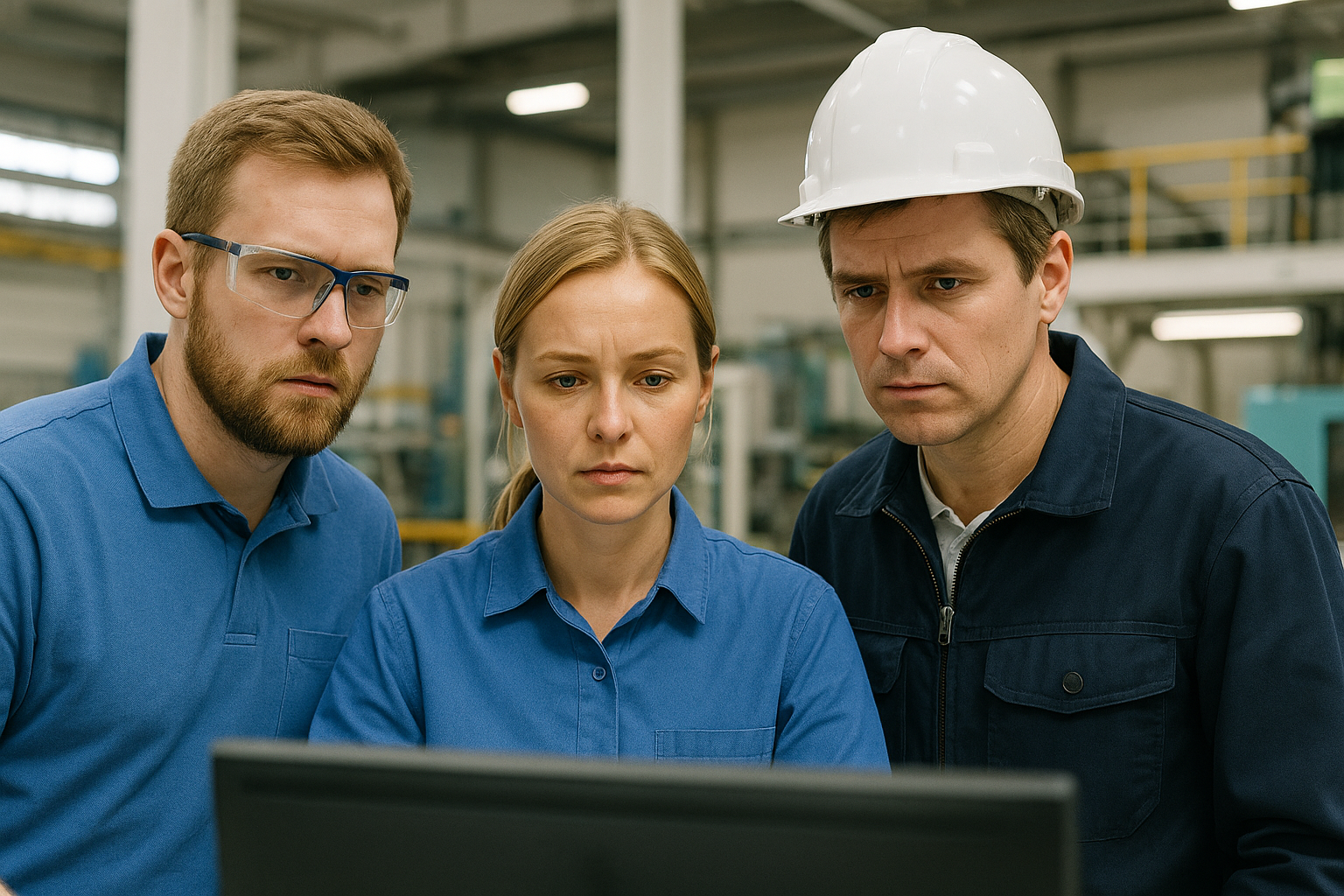Drei Fachkräfte – ein Mann mit Bart und Schutzbrille, eine blonde Frau und ein Mann mit weißem Schutzhelm – stehen konzentriert vor einem Monitor. Sie befinden sich in einer hellen, modernen Industriehalle mit Maschinen im Hintergrund. Die Szene vermittelt Ernsthaftigkeit, Präzision und den gemeinsamen Fokus auf die Optimierung von Produktionsprozessen.