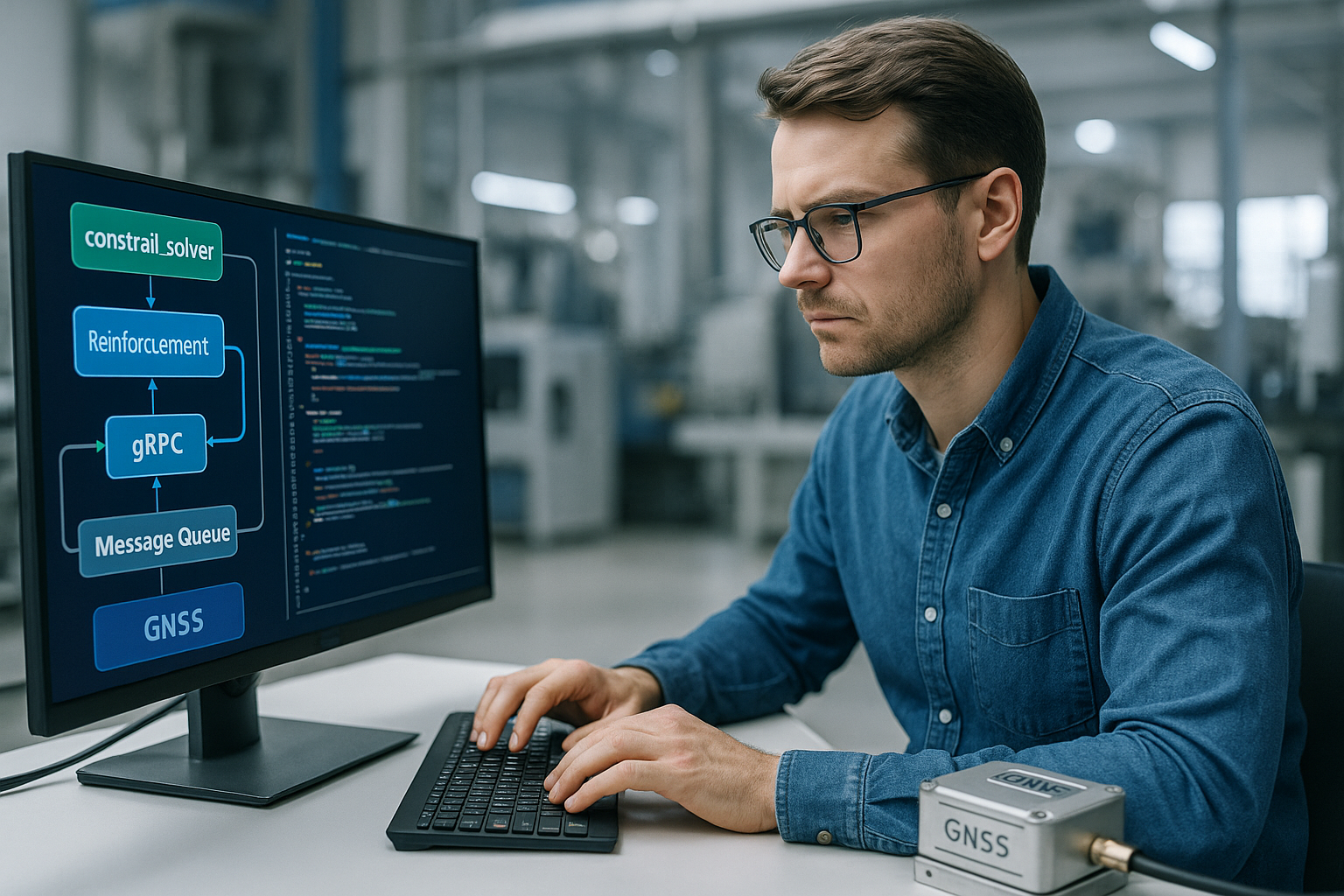 Ein fokussierter Mitarbeiter vor einem Monitor mit einer schematischen Darstellung der Innovation von Datalyze Solutions