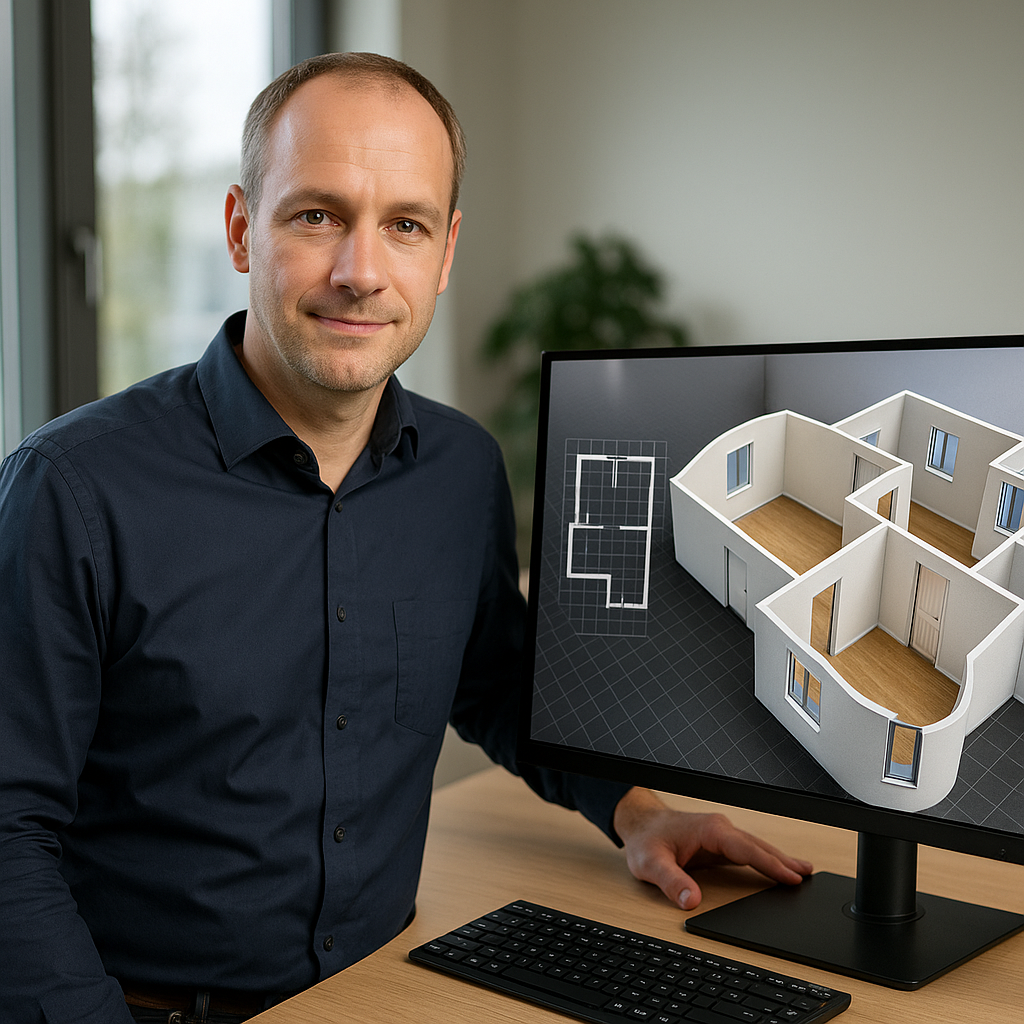 Ein Mitarbeiter präsentiert am Bildschirm ein KI-basiertes 3D-Grundrissmodell. Die Szene zeigt moderne Innovationsförderung im PropTech-Bereich – ein Beispiel für erfolgreiche F&E-Förderung mit Banhoek Consulting