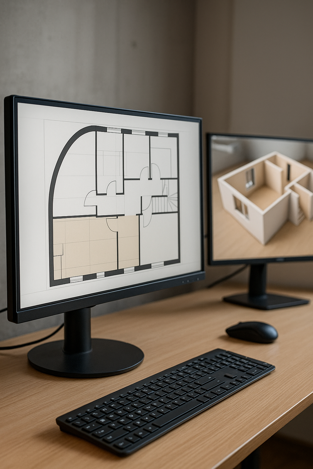 Zwei Monitore zeigen die Innovation der Porter GmbH: ein 2D-Grundriss mit gekrümmter Wand und die dazugehörige 3DDas Setting verdeutlicht, wie KI-gestützte Software Standardtools übertrifft – gefördert durch die Forschungszulage