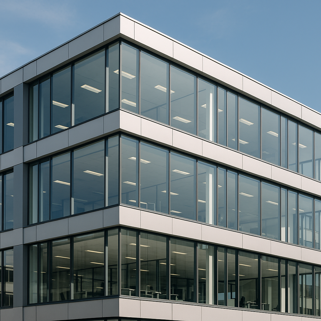 Moderner Bürogebäude-Ausschnitt mit klaren Linien, großen Glasflächen und lichtdurchfluteten Räumen – Symbol für Innovation, Architektur und Forschungszulage-geförderte Digitalisierung