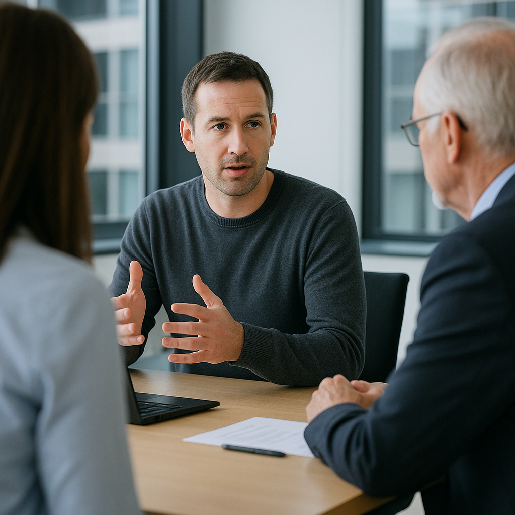 Professionelles Meeting in moderner Konferenzumgebung: Ein Team diskutiert technische Risiken und Entscheidungsprozesse – Sinnbild für Klarheit, Vertrauen und erfolgreiche Forschungszulage-Beratung.