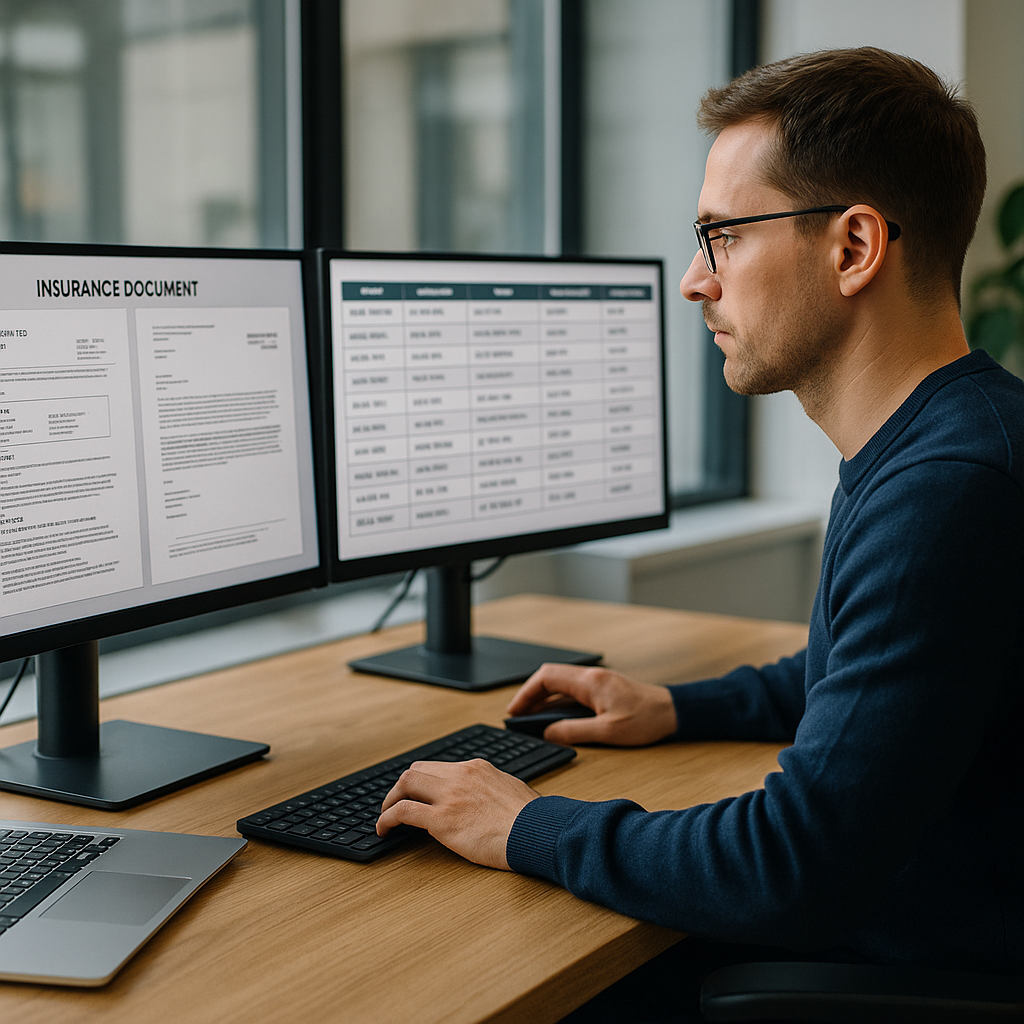 Mitarbeiter arbeitet konzentriert an zwei Monitoren – links unstrukturierte Versicherungsdokumente, rechts klar strukturierte Datentabellen. Symbol für NLP-Innovation, digitale Transformation und Forschungszulage-geförderte Effizienz in der Versicherungsbranche.