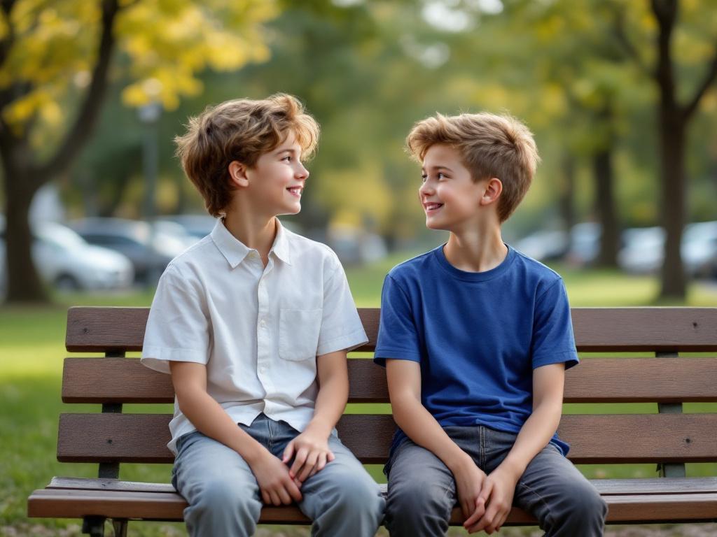 Zwei Kinder (ca. 10–12 Jahre) in einem realistischen, ruhigen Moment – sie sitzen entspannt auf einer Bank.