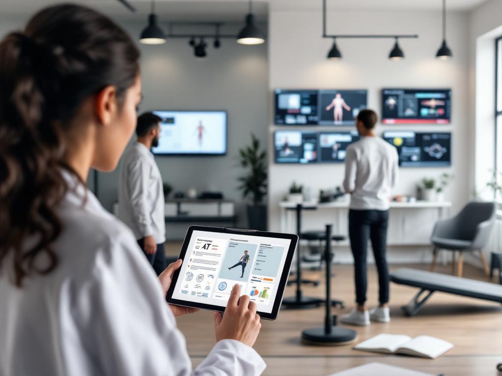 Ein Bild, das eine Frau in einem weißen Laborkittel zeigt, die ein Tablet hält. Auf dem Bildschirm ist ein digitaler Trainingsplan zu sehen. Im Hintergrund sind zwei Männer in einem modernen Raum, der mit mehreren Monitoren ausgestattet ist, die Trainings- und Gesundheitsdaten anzeigen.