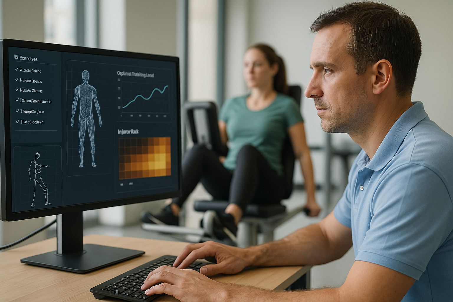 Ein Therapeut arbeitet konzentriert am Computer, während im Hintergrund eine Frau an einem Reha-Gerät trainiert. Auf dem Bildschirm sind KI-gestützte Trainingsdaten, Belastungskurven und Risikoprofile sichtbar – Symbol für Forschungszulage, F&E-Förderung und Innovationsförderung im Gesundheitswesen.