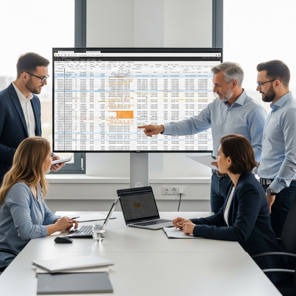 Ein Bild, das eine Frau in einem weißen Laborkittel zeigt, die ein Tablet hält. Auf dem Bildschirm ist ein digitaler Trainingsplan zu sehen. Im Hintergrund sind zwei Männer in einem modernen Raum, der mit mehreren Monitoren ausgestattet ist, die Trainings- und Gesundheitsdaten anzeigen.