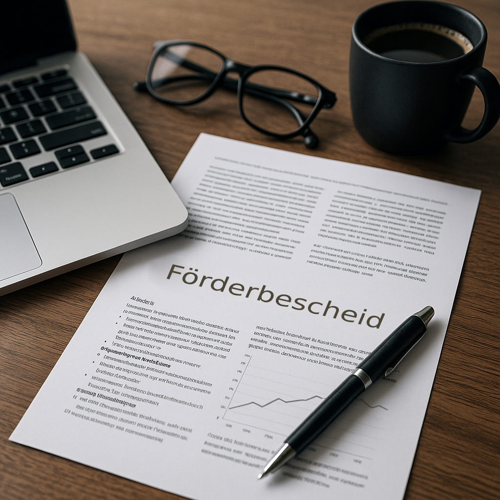 Fotorealistisches Coverbild einer erfolgreichen Forschungszulage-Case-Study von Banhoek Consulting: Förderbescheid, Laptop und Kaffeetasse auf modernem Schreibtisch – Symbol für F&E-Förderung und Innovationsförderung in Deutschland.