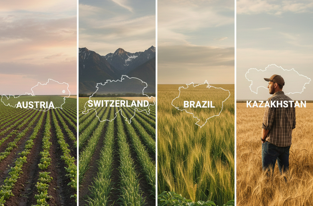 Dieses Bild symbolisiert die internationale Dimension moderner Landwirtschaft. Es zeigt Felder aus UK, USA, Schweiz, Kasachstan und Brasilien – vereint durch einen Blick des Landwirts auf das große Ganze. Die visuelle Verbindung macht deutlich: Nur wer regionale Unterschiede versteht, kann global erfolgreich düngen. Genau hier setzt die Innovationskraft von stenon an.