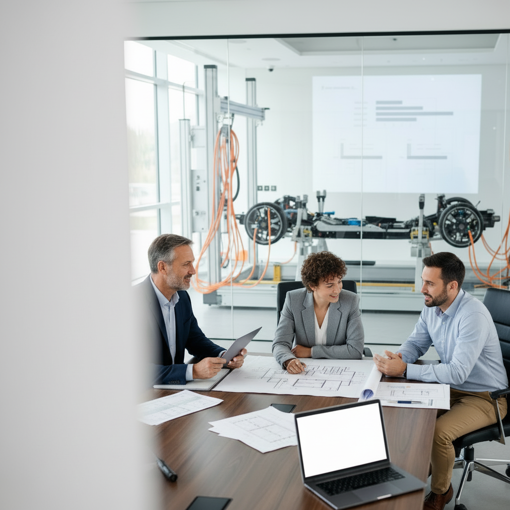 Ein Bild, das eine Frau in einem weißen Laborkittel zeigt, die ein Tablet hält. Auf dem Bildschirm ist ein digitaler Trainingsplan zu sehen. Im Hintergrund sind zwei Männer in einem modernen Raum, der mit mehreren Monitoren ausgestattet ist, die Trainings- und Gesundheitsdaten anzeigen.