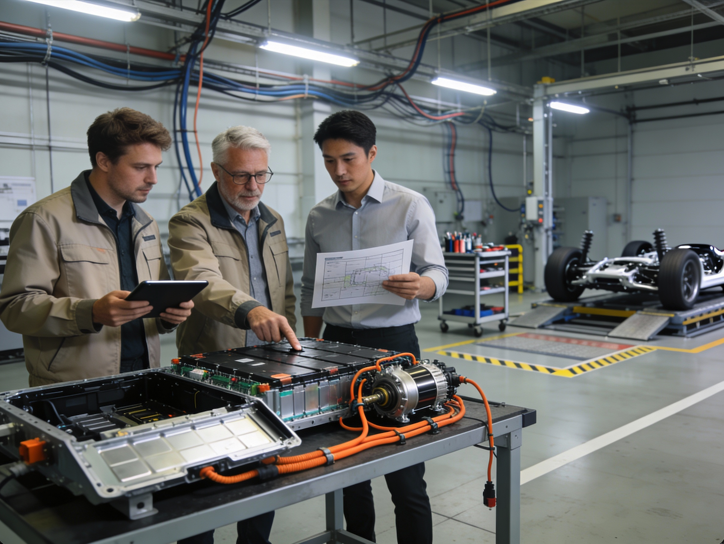 Die Szene zeigt ein modernes E‑Mobilitäts‑Labor. Drei Personen stehen um ein geöffnetes, rechteckiges Batteriepaket mit sichtbaren Komponenten und orangefarbenen Hochvoltkabeln. Links hält ein junger Mann ein Tablet und beobachtet die Baugruppe. In der Mitte weist ein älterer Ingenieur mit Brille erklärend auf Details der Batterie hin. Rechts hält ein jüngerer Mann technische Zeichnungen und folgt der Erläuterung. Im Hintergrund sind Werkzeuge, Regale und ein teilweise montiertes Fahrzeugchassis auf einer Hebebühne zu sehen. Die Umgebung ist hell, ordentlich und mit Sicherheitsmarkierungen versehen – typisch für eine präzise, innovationsorientierte Entwicklungswerkstatt für Elektrofahrzeuge.