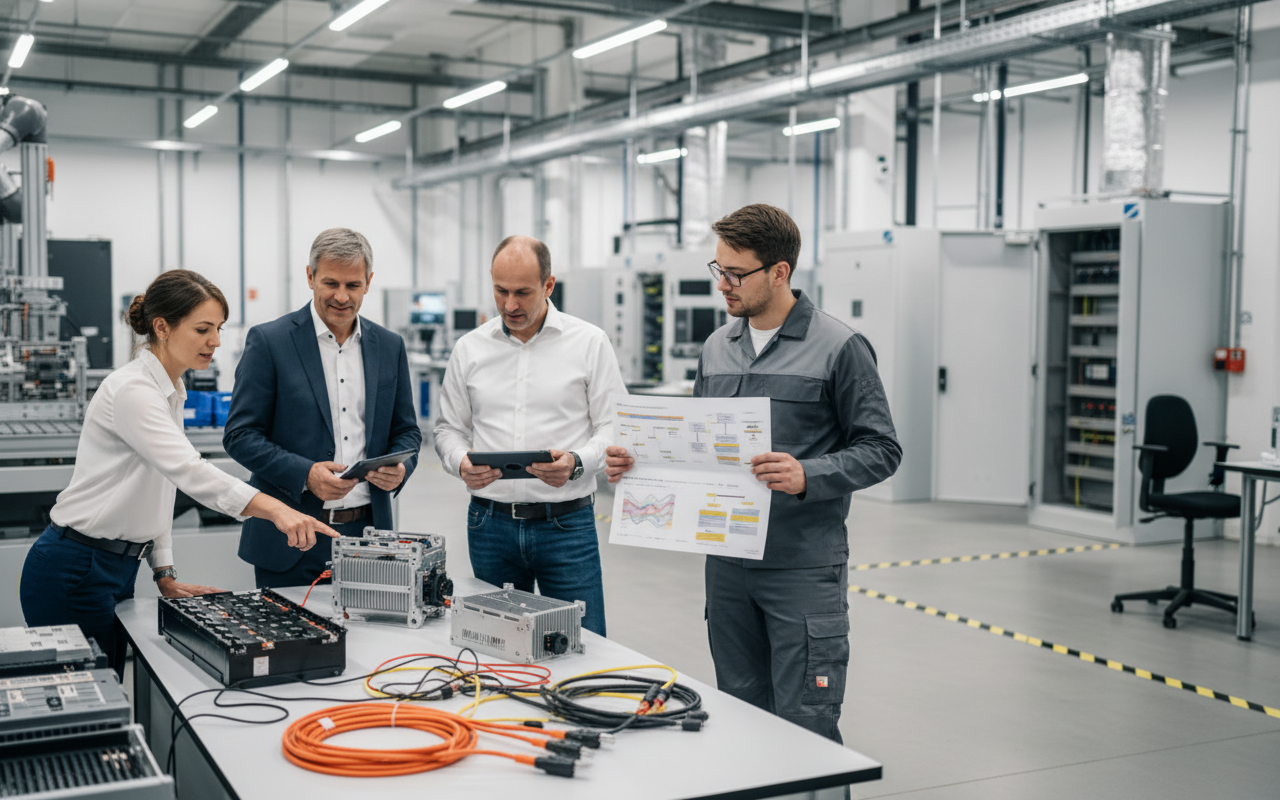 Ein Bild, das eine Frau in einem weißen Laborkittel zeigt, die ein Tablet hält. Auf dem Bildschirm ist ein digitaler Trainingsplan zu sehen. Im Hintergrund sind zwei Männer in einem modernen Raum, der mit mehreren Monitoren ausgestattet ist, die Trainings- und Gesundheitsdaten anzeigen.