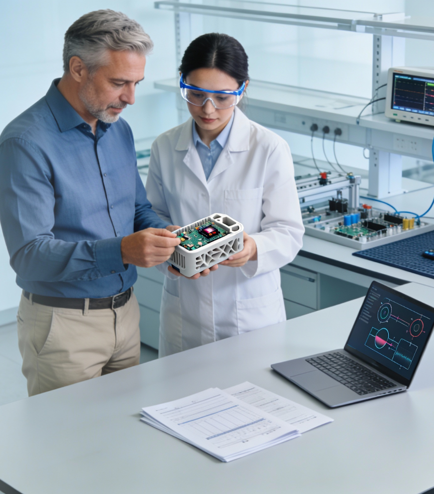 Ein Bild, das eine Frau in einem weißen Laborkittel zeigt, die ein Tablet hält. Auf dem Bildschirm ist ein digitaler Trainingsplan zu sehen. Im Hintergrund sind zwei Männer in einem modernen Raum, der mit mehreren Monitoren ausgestattet ist, die Trainings- und Gesundheitsdaten anzeigen.