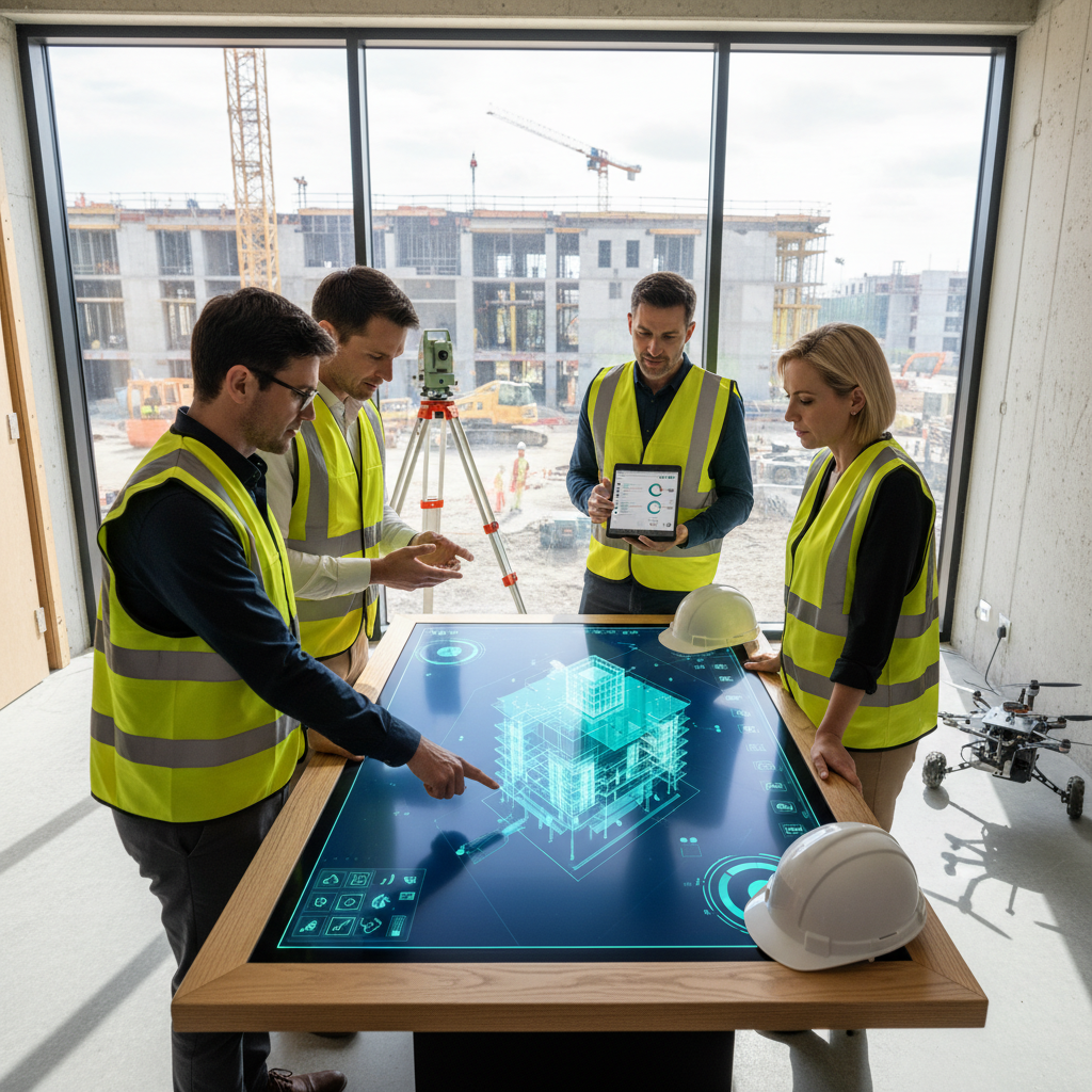 Ein Bild, das eine Frau in einem weißen Laborkittel zeigt, die ein Tablet hält. Auf dem Bildschirm ist ein digitaler Trainingsplan zu sehen. Im Hintergrund sind zwei Männer in einem modernen Raum, der mit mehreren Monitoren ausgestattet ist, die Trainings- und Gesundheitsdaten anzeigen.