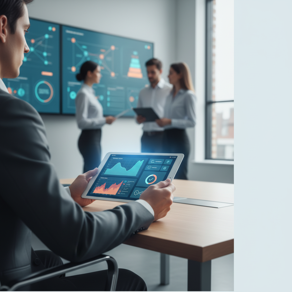 Ein Bild, das eine Frau in einem weißen Laborkittel zeigt, die ein Tablet hält. Auf dem Bildschirm ist ein digitaler Trainingsplan zu sehen. Im Hintergrund sind zwei Männer in einem modernen Raum, der mit mehreren Monitoren ausgestattet ist, die Trainings- und Gesundheitsdaten anzeigen.