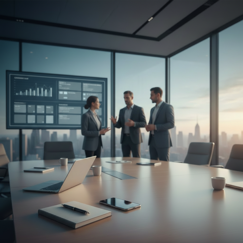 Ein Bild, das eine Frau in einem weißen Laborkittel zeigt, die ein Tablet hält. Auf dem Bildschirm ist ein digitaler Trainingsplan zu sehen. Im Hintergrund sind zwei Männer in einem modernen Raum, der mit mehreren Monitoren ausgestattet ist, die Trainings- und Gesundheitsdaten anzeigen.